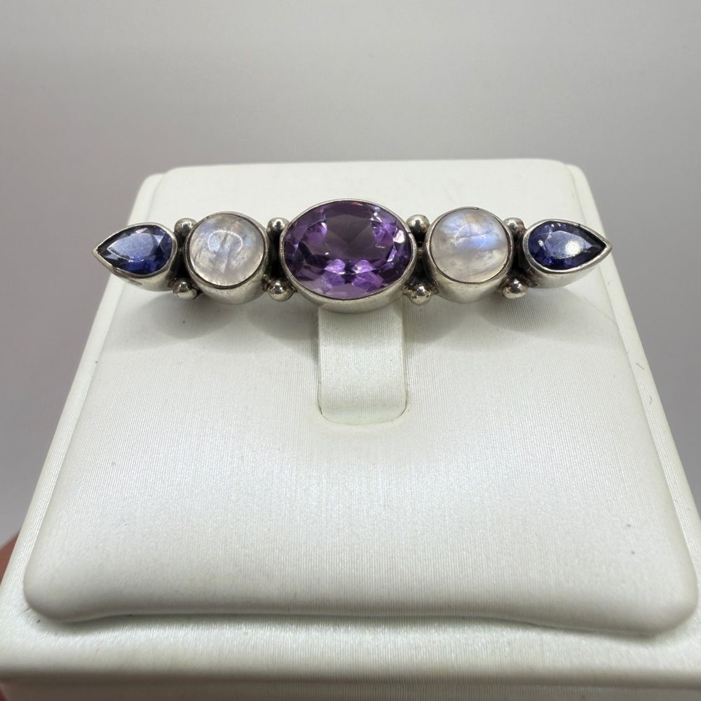 Stunning Sterling Silver, faceted Moonstone, Amethyst and Iolite pin/brooch!